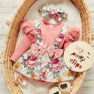 3pcs Baby Girl Floral print Bow dress